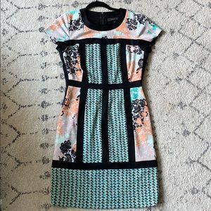 BCBG Patterned & Black Colorblock Sheath Dress